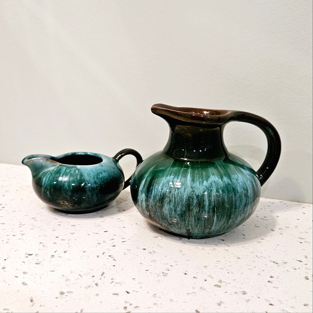 Vintage Blue Mountain Pottery Pitcher Vase and Creamer